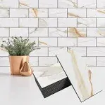 100 Pieces Peel and Stick Backsplash for Kitchen, 3" x 6" PVC Subway Tile Upgraded Calacatta Gold with Dark Gray Grout Backsplash Stick on Tile Elevate Kitchen, Bathroom, Fireplace,RV