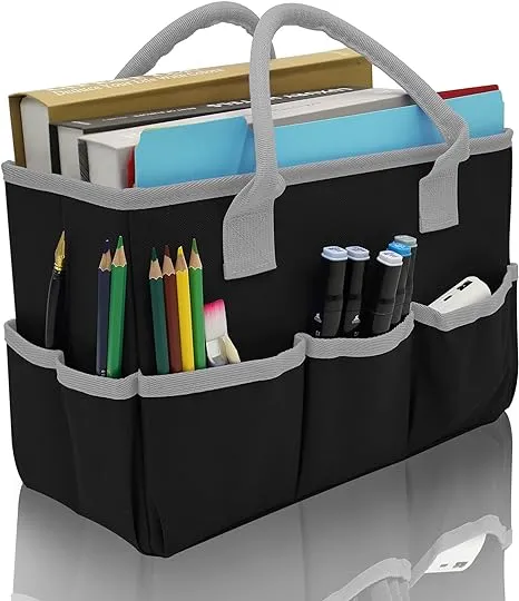 Cupohus Art Organizer Craft Storage Tote Bag with Pockets and Hadles, Oxford Fabric Carrying Caddy for Teacher, Officer, Artist, Students, Traveler, and More – Black with Red Edge