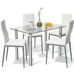 Costway 5 Piece Dining Set Table 29.6'' and 4 Chairs Glass Metal Kitchen Breakfast Furniture White