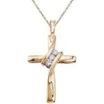 Pompeii3 - Three Stone Real Diamond Cross Pendant 10K Yellow Gold Necklace 19mm Tall