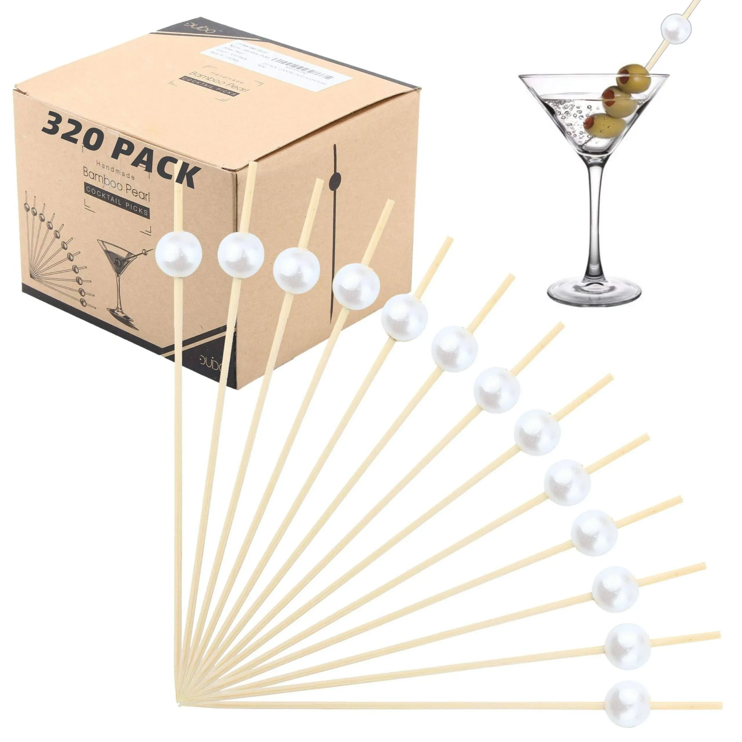 Bamboo Cocktail Picks Skewers Toothpicks - 320 Pack White Pearl 4.75 inch Wooden