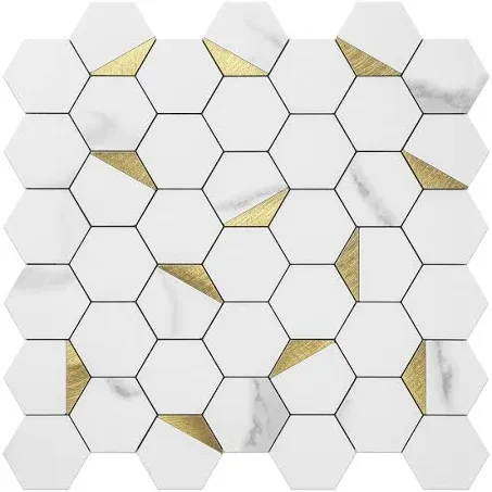 DICOFUN 10-Sheet Hexagon Tile Peel and Stick Backsplash, White Marble Look PVC Mixed Golden Metal Mosaic Tiles for Kitchen and Bathroom