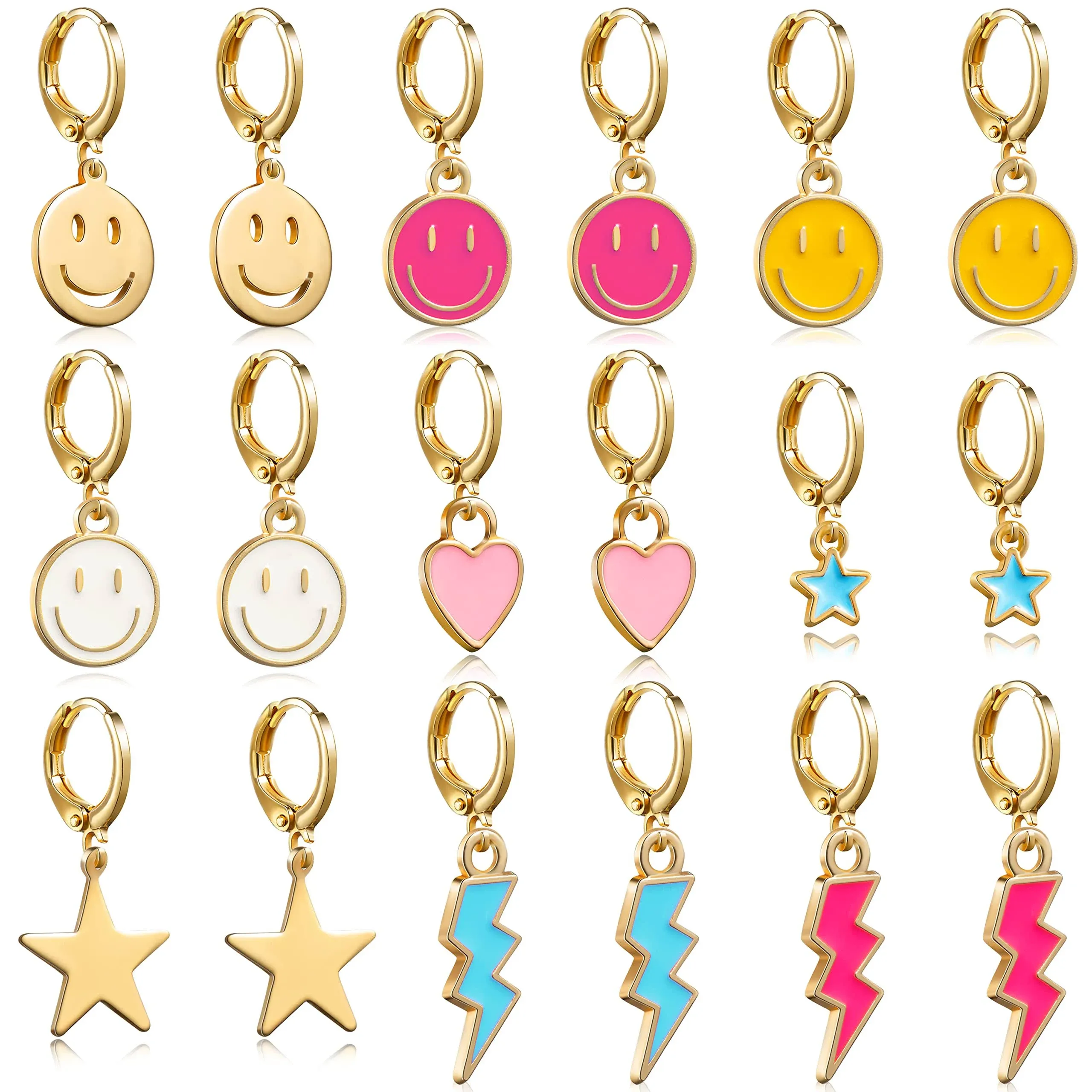 LieToi 9 Pairs Preppy Earrings Pack with Colorful Happy Smile Lightning Bolt Heart Star Charms Pendants Gold Small Huggie Hoop Dangle Earrings