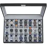 SONGMICS Watch Box, 24-Slot Watch Case, Lockable Watch Storage Box with Glass Lid, Gift Idea, Ink Black Synthetic Leather, Dove Gray Lining UJWB024