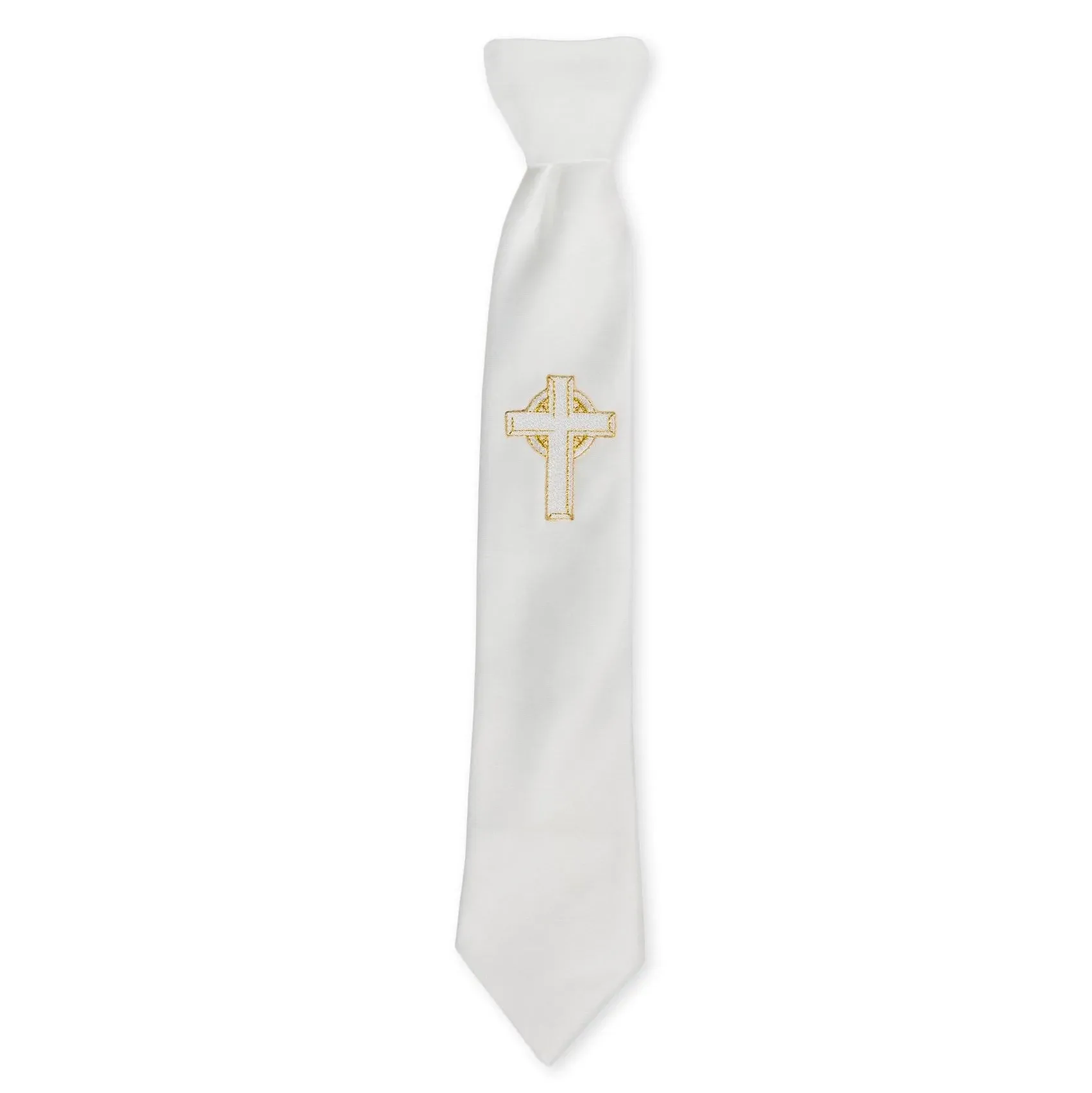 Boy's First Communion White Tie with Gold and White Embroidered Cross