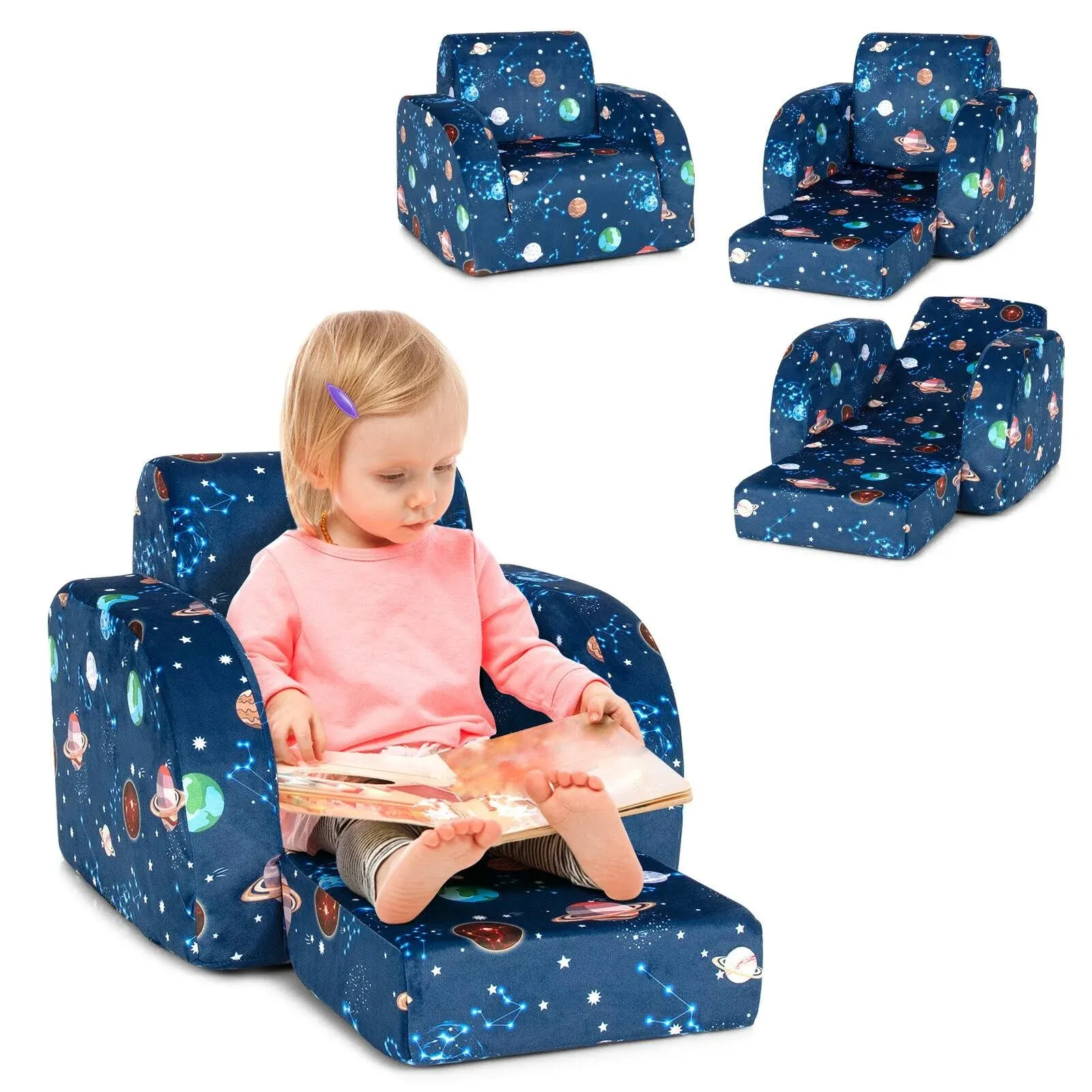 3-in-1 Convertible Kid Sofa Bed Flip-Out Chair Lounger for Toddler Blue