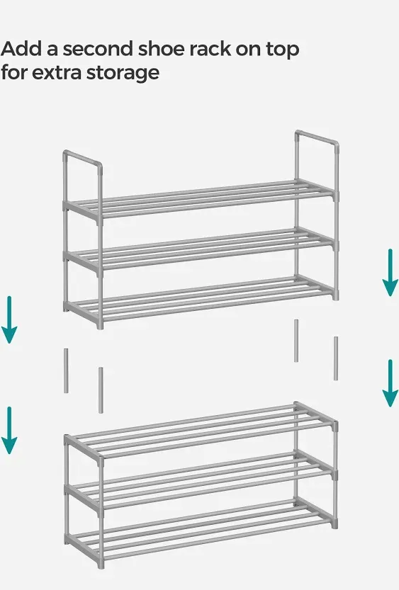 SONGMICS Shoe Rack, 3 Tier Shoe Organizer, Metal Shoe Storage Shelf for 15 Pairs of Shoes, Easy to Assemble, Entryway, Grey ULSA303G01