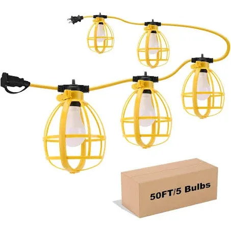 50FT Construction String Lights, 50W 5 Bulbs Work Lights with E26 Base, IP65 Waterproof, 4000LM 6500K Indoor & Outdoor Temporary Lighting for Workshop, Mine cave, Job Site