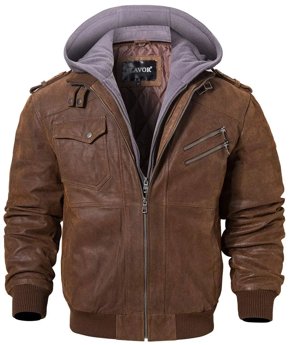 FLAVOR Men Brown Leather Motorcycle Jacket with Removable Hood