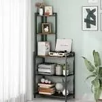 GILLAS 5 Tier Corner Shelf Stand, Freestanding Corner Shelf Unit Bookshelf, Corner Table with Shelf, Tall Storage Organizer Rack for Living Room, Bedroom, Office. Small Space, Metal, Country Rustic