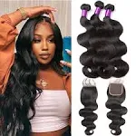 Body Wave Bundles Human Hair 18 20 22+16 Bundles with Closure Human Hair 3 Bundles with Lace Closure 4x4 Free Part Brazilian Virgin Lace Frontal