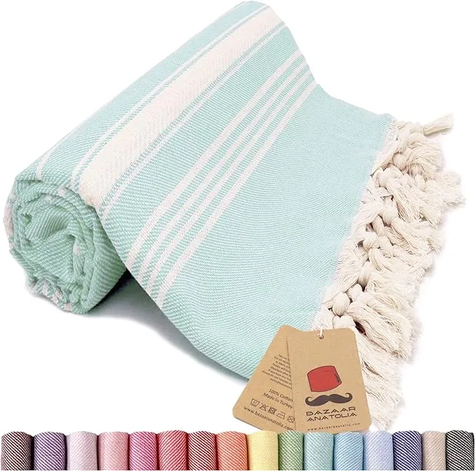 Bazaar Anatolia Turkish Beach Towel 100% Cotton Bath Towels Oversized Quick Dry Boho Farmhouse Fall Decor Sheets Bathroom Towels Sand Free Camping Blanket Teal 71x39 inches - Stripe Mint