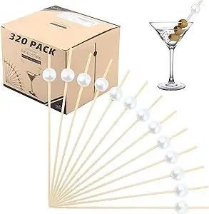 Bamboo Cocktail Picks Skewers Toothpicks - 320 Pack White Pearl 4.75 inch Wooden