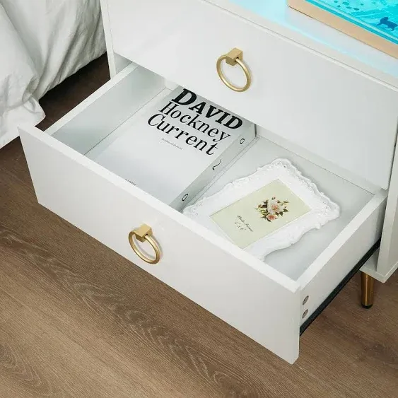 Hommpa LED Nightstand with Charging Station White Night Stand with Open Shelf ...