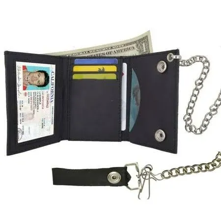 RFID Blocking Black Mens Leather Biker's Chain Trifold Wallet Trucker Motorcycle