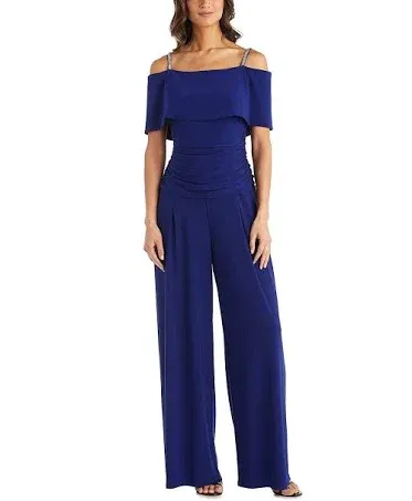 R&amp;M Richard&#39;s Petite Women&#39;s Cold Shoulder Ruched Waist Jumpsuit - Wedding Guest Outfit Petite