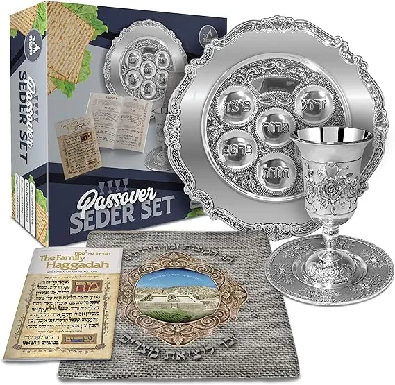 Ner Mitzvah Seder Plate for Passover Set - Seder Plate and Kiddush Cup Set