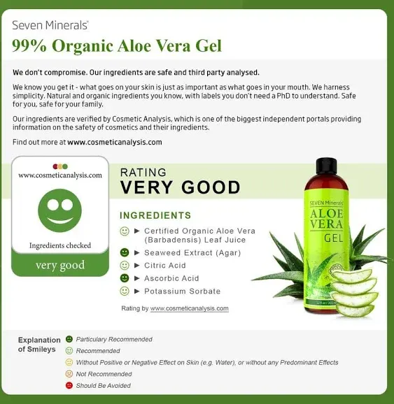 Seven Minerals Travel Size Organic Aloe Vera Gel from Freshly Cut 100% Pure Aloe - 2 fl oz - HighestQuality, Texas Grown, Vegan,