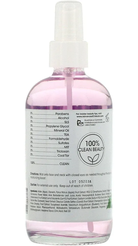 Advanced Clinicals Collagen + Rosewater Plump + Glow Facial Mist. Instant Hydration Dry Skin Spray. 8 fl oz.