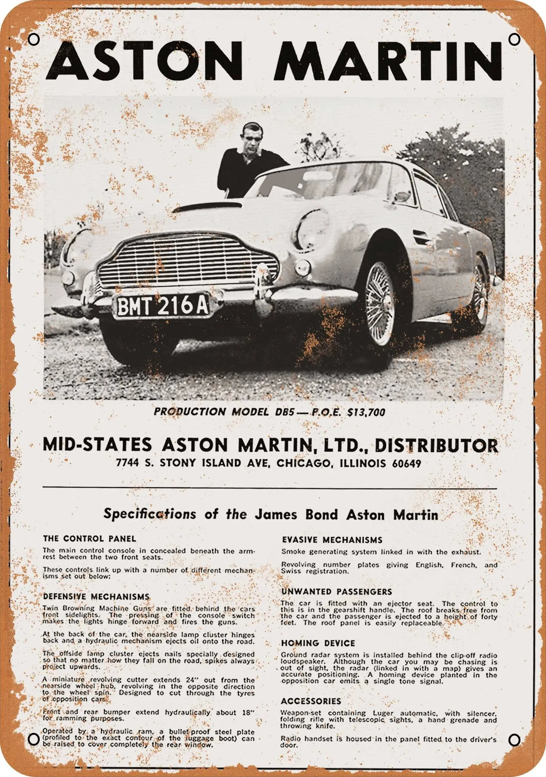 1966 James Bond aston Martin Vintage look reproduction metal sign 8 x 12