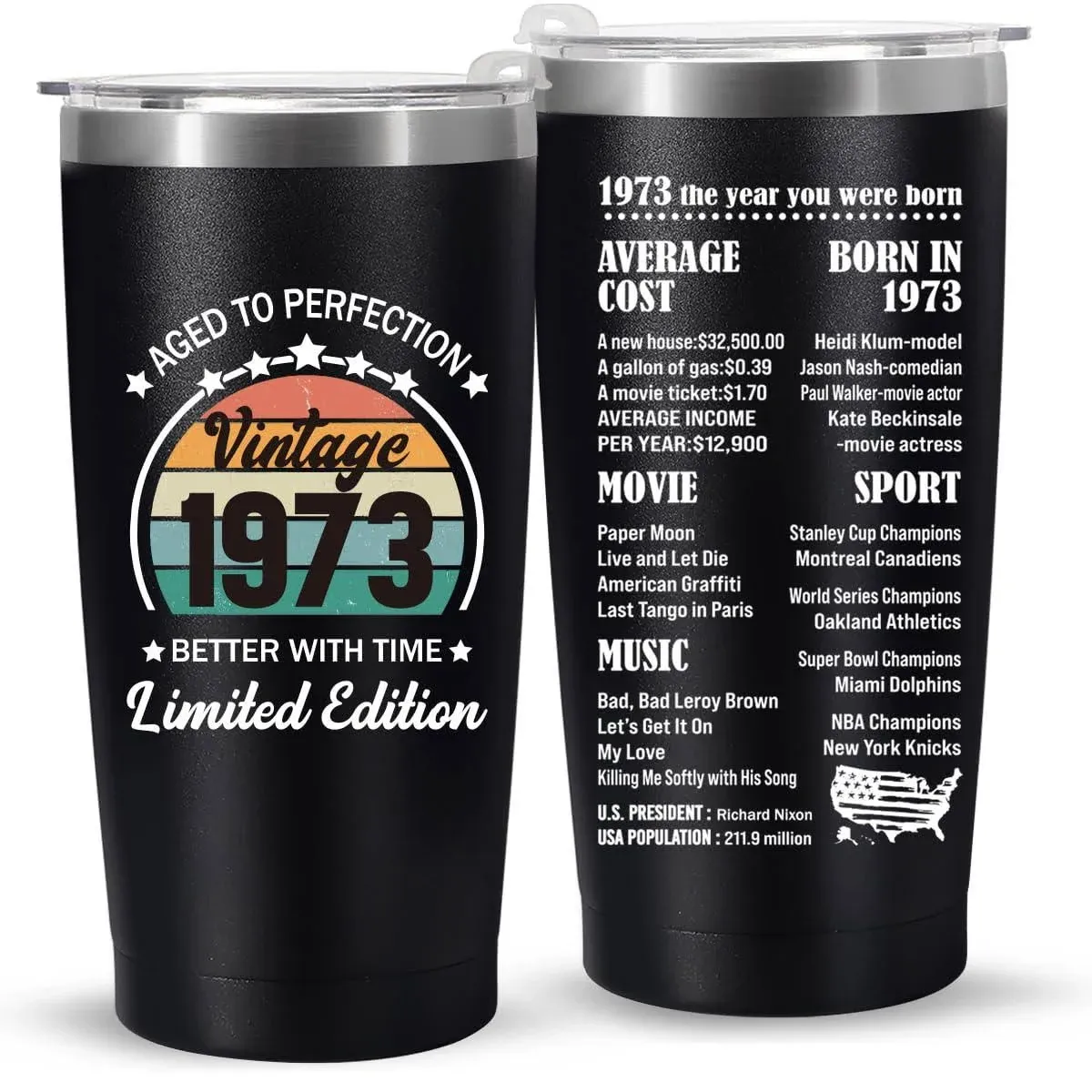 Jettryran 50th Birthday Gifts for Women Men Parents 50 Years Old Gifts- 20 oz Double-Sided Vintage 1973 with Time Information