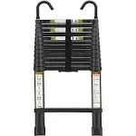 RIKADE Telescopic Ladder 12.5FT Aluminum with Non-Slip Feet and Stable Hook, 330lb Capacity Black