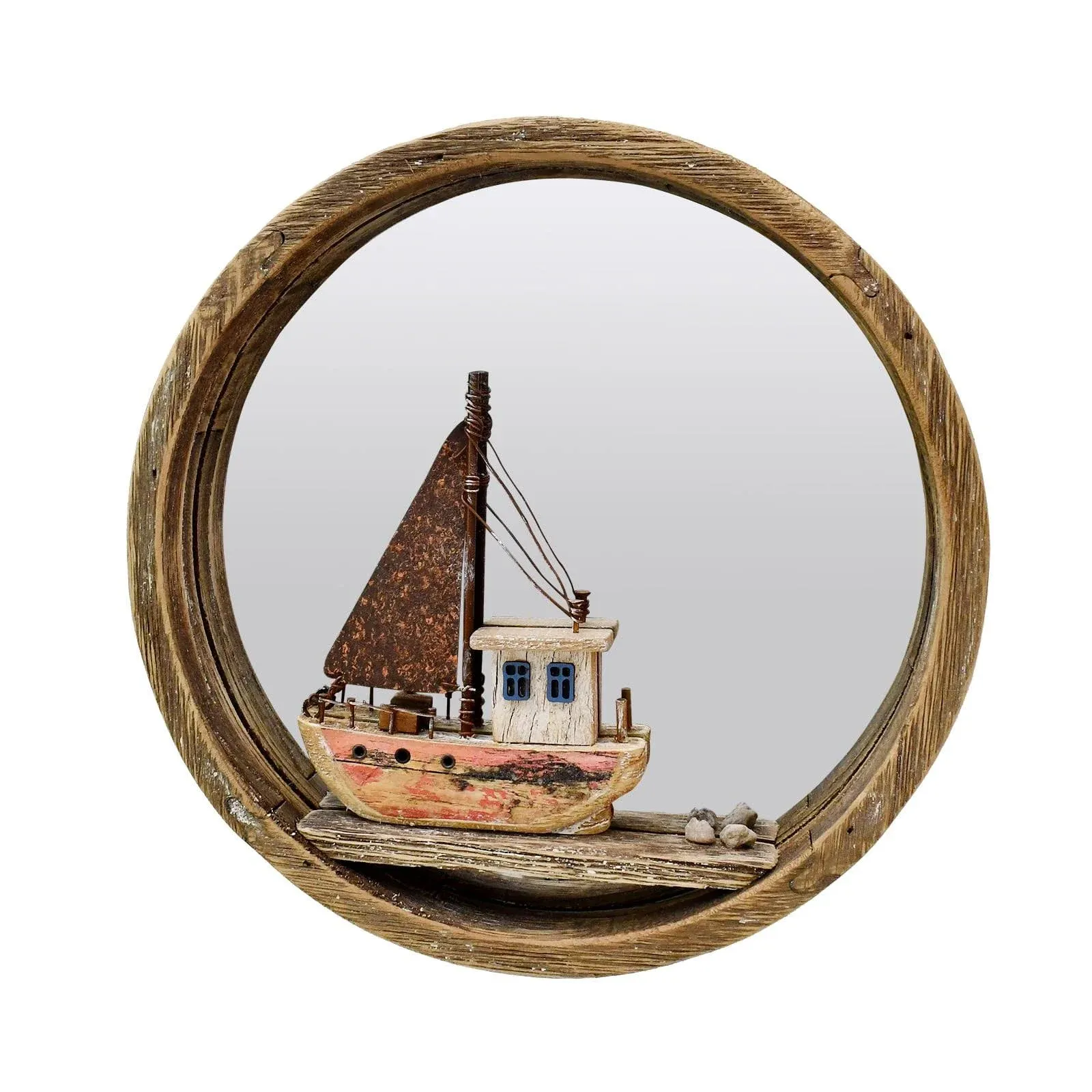 Wooden Beach Wall Hanging Circle Mirror Decor Nautical Wood Boat Hanging Decor