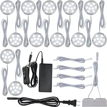 Display Cases Cabinet Lights, LED Puck Lighting for TV Cabinet Shelves, 120 Volt Hard Wiring & Wall Plug-in, 12 Ways Octopus Parallel Wiring, On/Off Switch, Cool White 6000K, 12 Lights