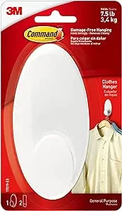 Command Clothes Hanger, Holds up to 7.5 lb, Sized for 3 Plastic Hangers or 7 Metal Hangers, 1 Wall Hooks and 2 Command Strips, Extra Storage for Laundry Room, Bedroom and Closet