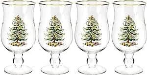 Spode Christmas Tree 17.5oz Tulip Glasses, Set of 4 - Gold-Rimmed Whimsical Holiday Glasses for Sparkling Wine and Champagne, Ideal for Holiday Brunches and New Year’s Celebrations