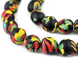 The Bead Chest Rasta Multicolor, Red, Green, Yellow - Recycled Glass Beads 14mm Large Hole 26-Inch Strand, Handmade African Fair Trade Fused Beads for Jewelry & Crafts I Approximately 40 Beads