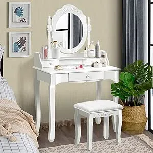 Vanity Table Set with Cushioned Stool, 360? Rotating Oval Mirror, and Three Drawer