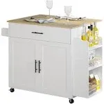 Ironck Kitchen Island with Storage, Rolling Kitchen Island On Wheels with Drop Leaf, 3 Open Spice Rack Shelf, Door Cabinet, Drawer, Kitchen Cart