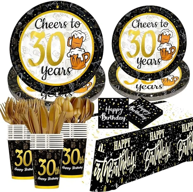 30th birthday decorations for him her - (Total 169pcs) black gold Birthday supplies Plates and Napkins, Cups, Knives, Forks, Spoons Included, tablecloth, Disposable Tableware for 24 Guests