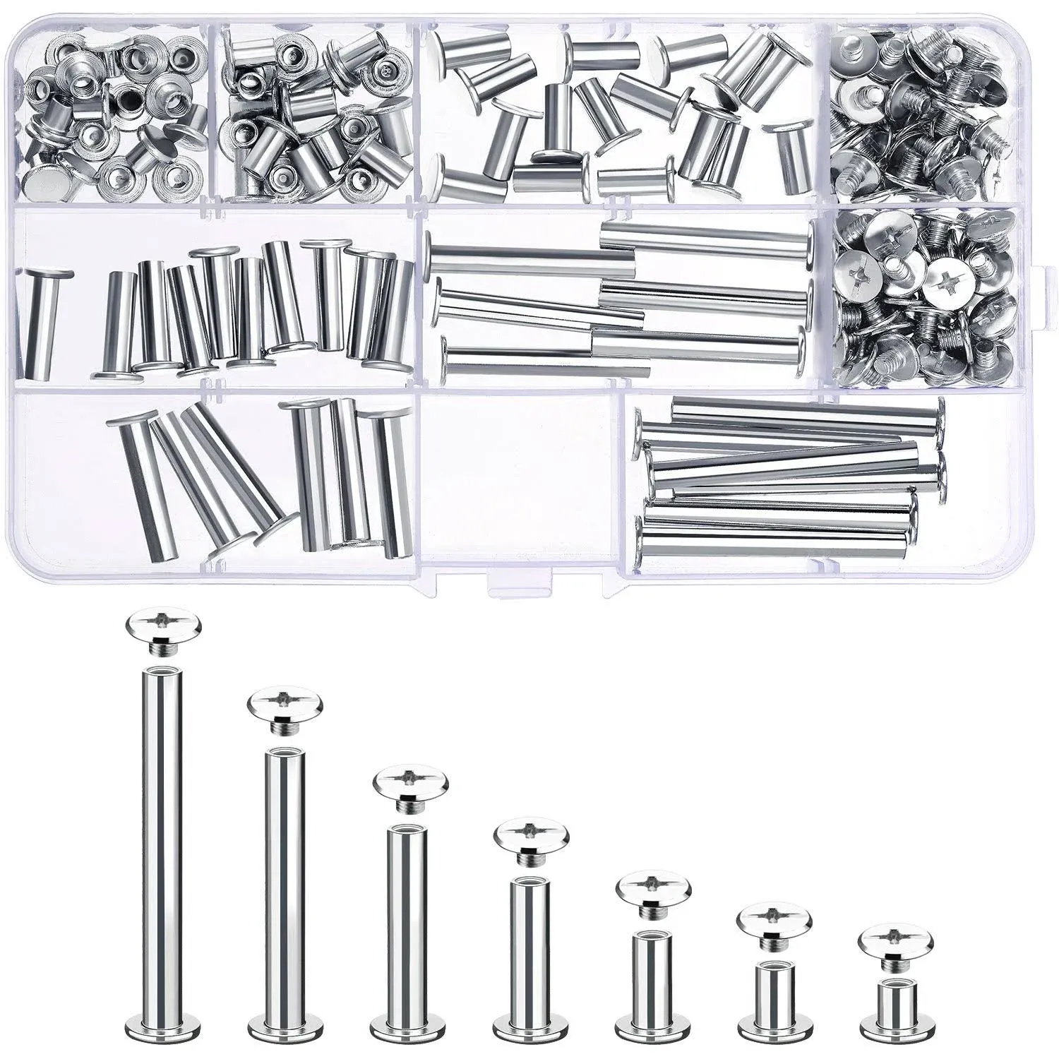 Pangda 80 Sets Chicago Screw Leather Rivets Assorted Kit Chicago Binding Screws 5 Sizes Metal Round Cross Head Stud Screw Post Nail Rivet Button for DIY Leather(5 x 5, 8, 12, 18, 25, 35, 45,Silver)