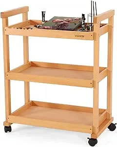 VISWIN 37 H Art Cart Storage Organizer 3-Tier, Solid Beech Wood Rolling Utility Trolley