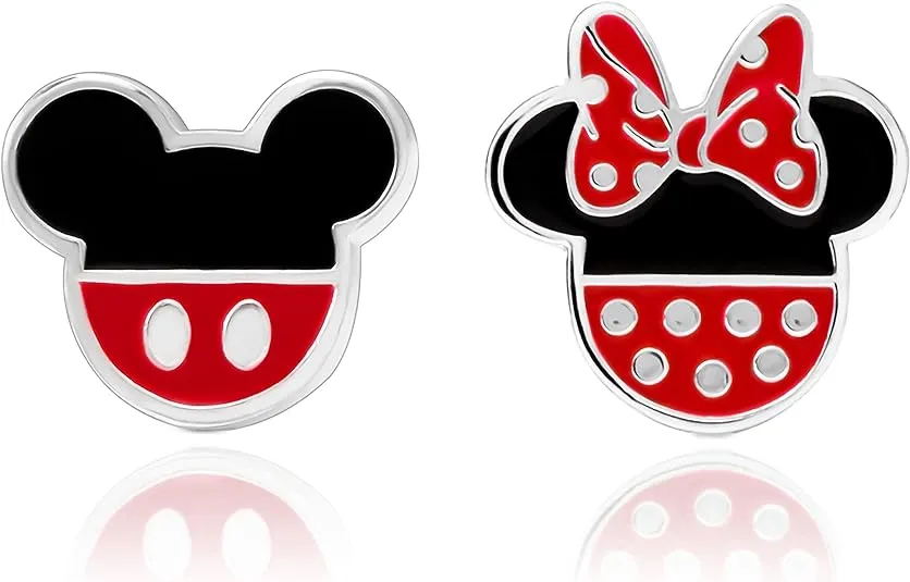 Disney Mickey Mouse and Minnie Mouse Mismatched Stud Earrings Silver Plated, Officially Licensed