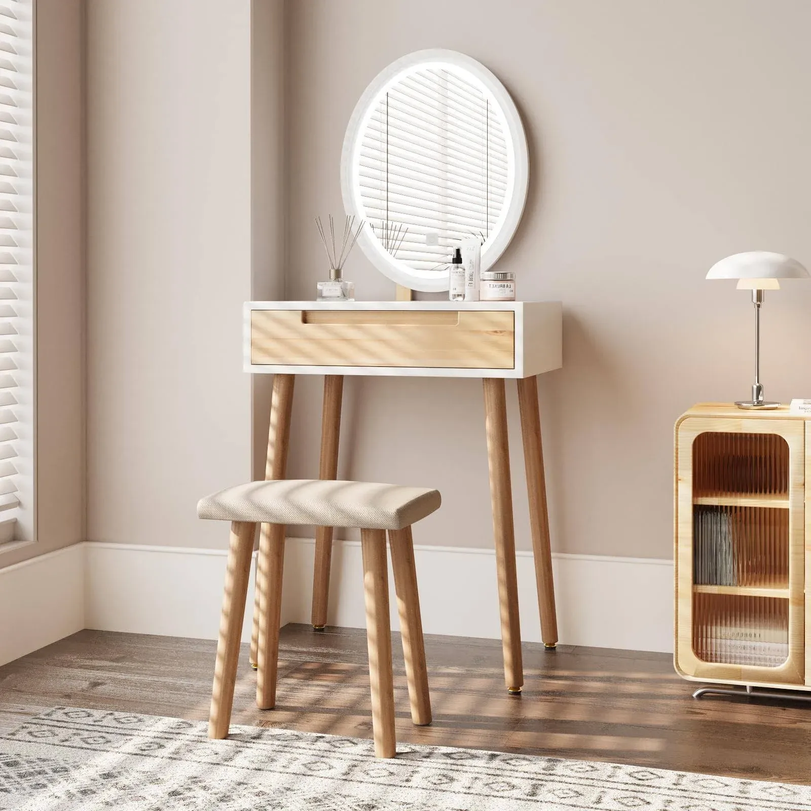 Artethys Small Makeup Vanity Desk with 3 Adjustable Lighted Mirror and Chair