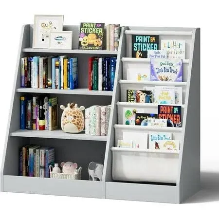 Gray 4 Tier Kids Wooden Bookshelf, Five Layer Sling Bookcase, Baby Storage Book Rack, Book and Toy Organizer Cabinet, Book Display, for Playroom,