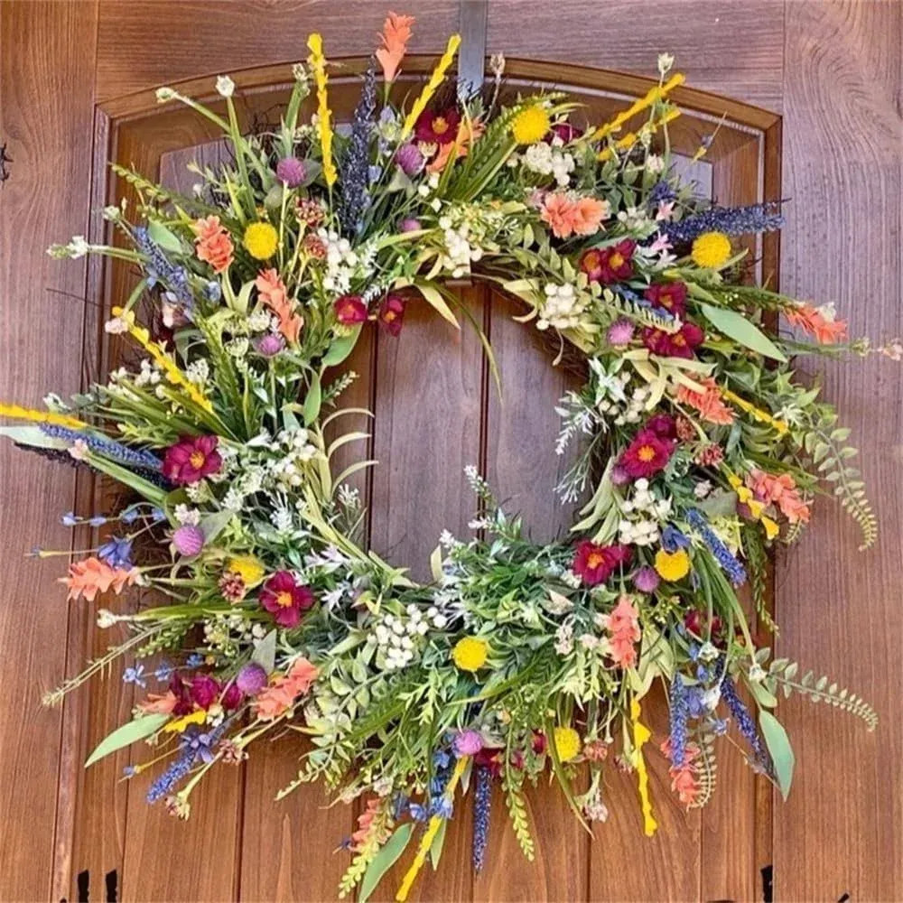 Spring Artificial Wildflower Wreath 20Inch Daisy Lavender Greenery Wreath Rustic Farmhouse Wreath Summer Wreaths for Front Door Spring Door Wreath