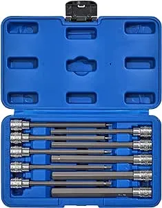 CASOMAN 10 Pieces 3/8 Inch Drive Long Hex Bit Socket Set, 1/16 Inch to 1/2 Inch, SAE, Extra Long Allen Hex Bit Socket Set, CR-V and S2 Steel