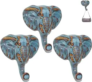 CAAHANJIA Ceramic Elephant Hooks,Adhesive Hooks,Wall Cabinet Door Towel Robe Clothes Hooks Self Adhesive Holders for Hanging Kitchen Bathroom Home Hooks 3 Pack (Active Glaze)