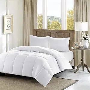 Madison Park Cotton Comforter, 300 Thread Count Cotton Comforter, Box Quilting, Soft, Breathable, Lightweight All Seasons Down Alternative Bedding with Corner Loops, Winfield, Full/Queen, White