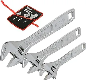 ARES 33062 – 3-Piece Adjustable Wrench Set – 6-Inch, 8-Inch, and 10-Inch Wrenches with Carrying Pouch - Drop Forged Chrome Vanadium Steel Construction – Wide Jaw Designs – SAE and Metric Size Markings