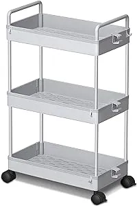 Ronlap 3 Tier Classic Storage Rolling Cart, Slim Storage Cart with Wheels Slide Out Storage Rolling Cart Organizer Plastic Utility Carts for Bathroom Laundry Room Kitchen Office Narrow Place, Grey