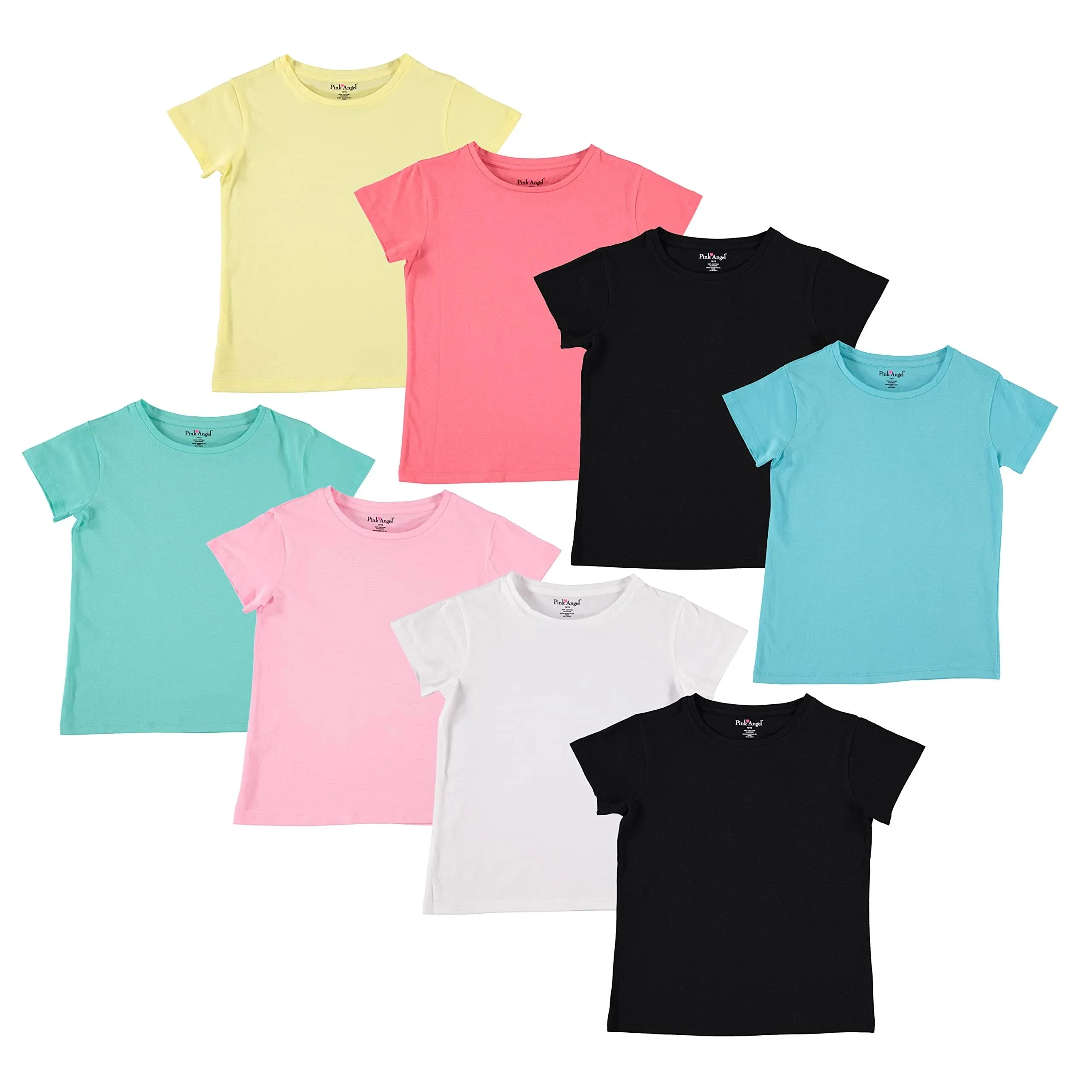 Pink Angel Girls' Tees 8-Pack 100% Cotton Plain Solid Color Girls Tee Shirt