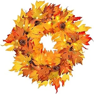 MorTime Thanksgiving Wreath with LED Lights Pumpkin Pinecones Red Berries Maple Leaves, 17" Harvest Day Themed Hanging Silk Fall Door Wreath Welcome Sign for Garden Gate Home Thanksgiving Decorations