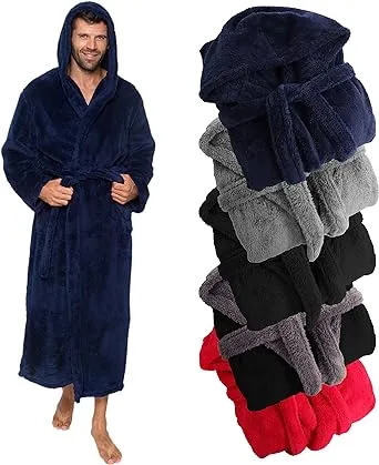 Ross Michaels Mens Luxury Robe Hooded Big and Tall - Long Plush Fleece Bath Robe with Hood and Pockets- Gift Men and Teens