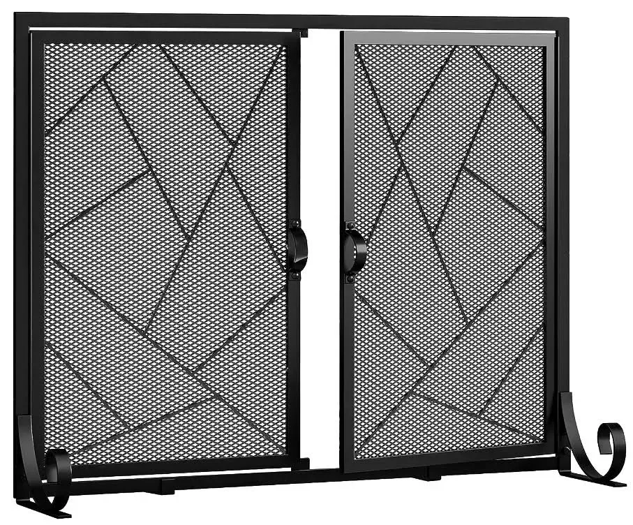 GrillPartsReplacement - Online BBQ Parts Retailer Fireplace Screen with Hinged Doors Cast Iron Border Sturdy Steel Frame Durable Metal Mesh Decorative Free Standing Spark Guard, 35"L x 28"W