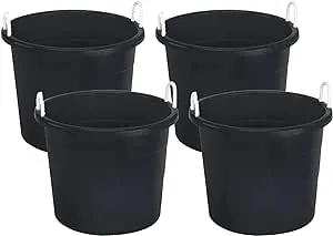 Homz Plastic 17 Gallon Utility Storage Bucket Tub w/ Rope Handle Black 4 Pack